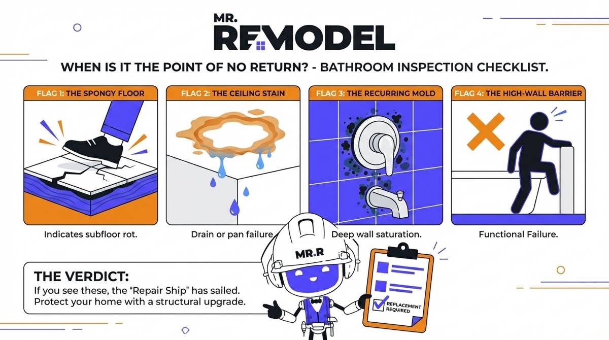 An educational diagnostic infographic detailing four red flags—spongy floors, ceiling stains, recurring mold, and mobility barriers—that indicate a bathroom repair is no longer worth the investment.